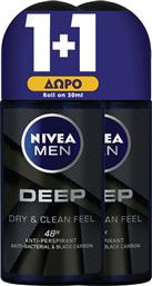 Nivea Men Deep Dry & Clean Feel Αποσμητικό 48h σε Roll-On 2x50ml