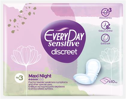 Every Day Sensitive Discreet Maxi Night No3 Γυναικείες Σερβιέτες Ακράτειας Κανονικής Ροής 5 Σταγόνες 10τμχ