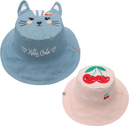 Flapjackkids Παιδικό Καπέλο Bucket Υφασμάτινο Αντηλιακό Kitty Cute - Mon Cherry Πολύχρωμο