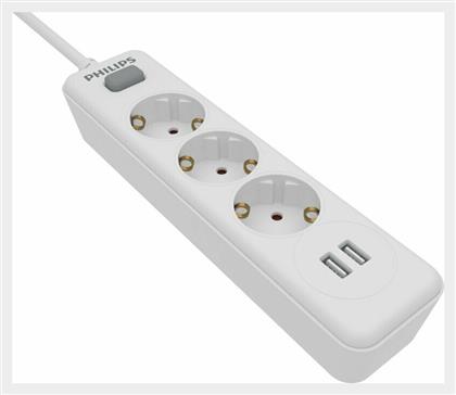 Philips Πολύπριζο Ασφαλείας 3 Θέσεων με Διακόπτη, 2 USB και Καλώδιο 1.5m Λευκό από το Filinda