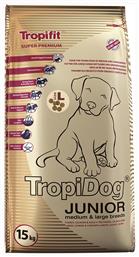 TropiDog Super Premium Junior Medium/Large 15kg Ξηρά Τροφή για Κουτάβια Μεσαίων & Μεγαλόσωμων Φυλών με Γαλοπούλα και Σολομό